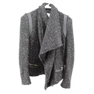 IRO Paris Knit Jacket Womens 40 Gray Leather Trim Asymmetrical Shawl Collar Moto